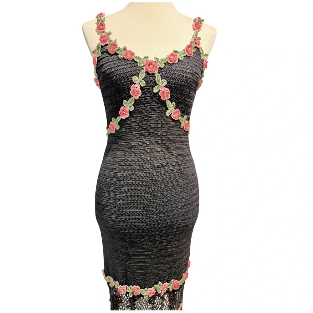 Y2K Black Crochet Floral Dress by Cachet - Size S - Picture 5 of 13